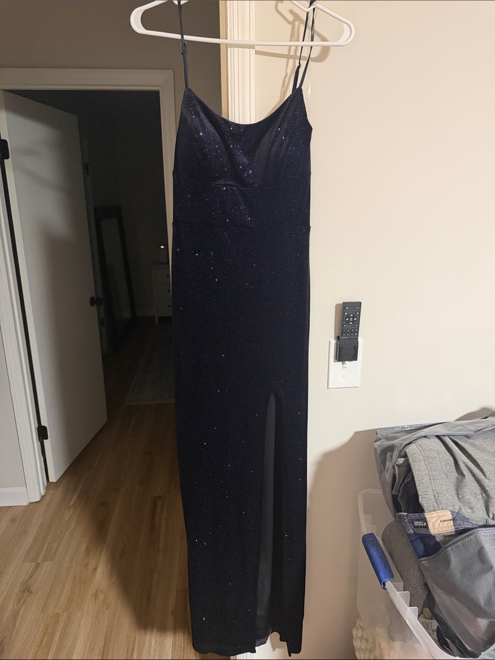 Teeze Me Black Sparkle Maxi Slip Dress with Side Slit